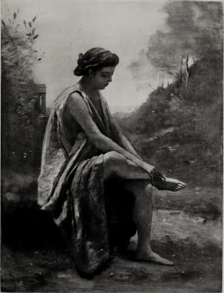 An illustration from Catalogue de tableaux modernes de premier ordre, pastels, aquarelles, dessins : œuvres importantes de: Besnard, Bonvin, Carriere, Cazin, Corot, Daubigny, Daumier, Degas, Diaz, Forain, Harpignies, Lebourg, Meissonier, Millet, Monet, Puvis de Chavannes, Théodore Rousseau, Renoir, Sisley, etc.; sculptures par Barye, Carriés, Dalou, Gémito, Rodin, 1897, leaf 82
