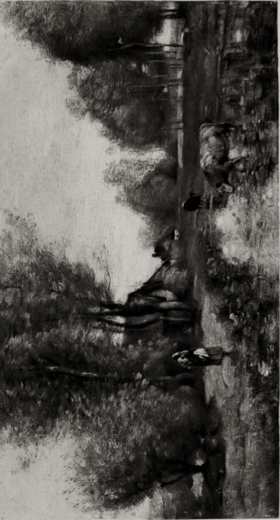 An illustration from Catalogue de tableaux modernes de premier ordre, pastels, aquarelles, dessins : œuvres importantes de: Besnard, Bonvin, Carriere, Cazin, Corot, Daubigny, Daumier, Degas, Diaz, Forain, Harpignies, Lebourg, Meissonier, Millet, Monet, Puvis de Chavannes, Théodore Rousseau, Renoir, Sisley, etc.; sculptures par Barye, Carriés, Dalou, Gémito, Rodin, 1897, leaf 86