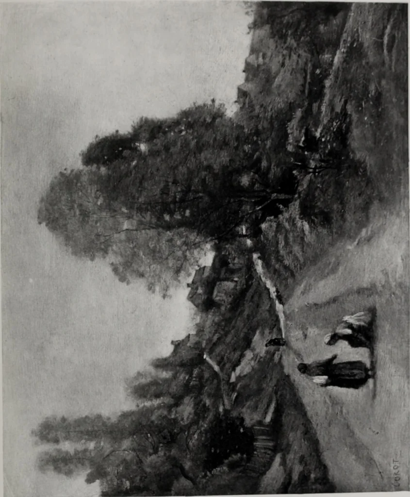 An illustration from Catalogue de tableaux modernes de premier ordre, pastels, aquarelles, dessins : œuvres importantes de: Besnard, Bonvin, Carriere, Cazin, Corot, Daubigny, Daumier, Degas, Diaz, Forain, Harpignies, Lebourg, Meissonier, Millet, Monet, Puvis de Chavannes, Théodore Rousseau, Renoir, Sisley, etc.; sculptures par Barye, Carriés, Dalou, Gémito, Rodin, 1897, leaf 88