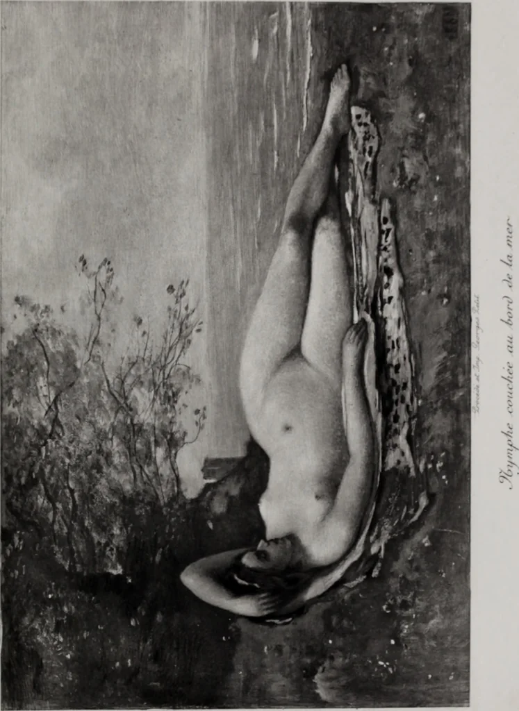 An illustration from Catalogue de tableaux modernes de premier ordre, pastels, aquarelles, dessins : œuvres importantes de: Besnard, Bonvin, Carriere, Cazin, Corot, Daubigny, Daumier, Degas, Diaz, Forain, Harpignies, Lebourg, Meissonier, Millet, Monet, Puvis de Chavannes, Théodore Rousseau, Renoir, Sisley, etc.; sculptures par Barye, Carriés, Dalou, Gémito, Rodin, 1897, leaf 92