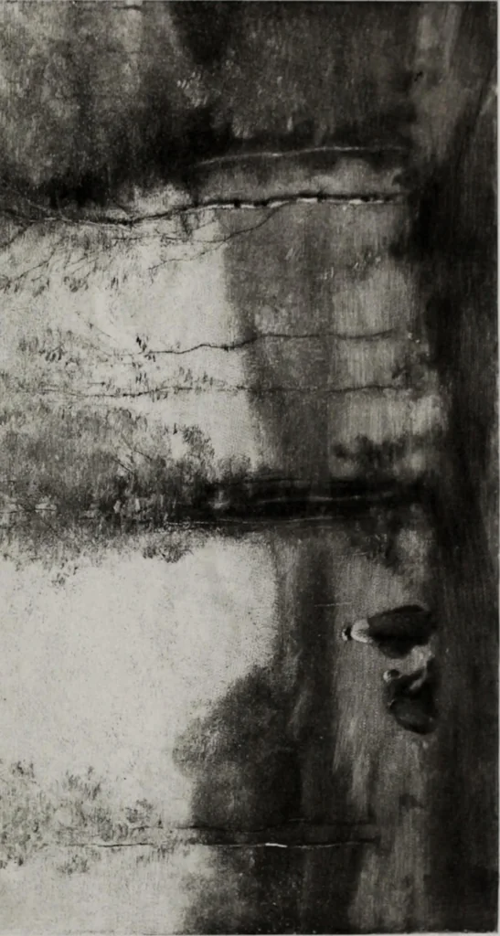 An illustration from Catalogue de tableaux modernes de premier ordre, pastels, aquarelles, dessins : œuvres importantes de: Besnard, Bonvin, Carriere, Cazin, Corot, Daubigny, Daumier, Degas, Diaz, Forain, Harpignies, Lebourg, Meissonier, Millet, Monet, Puvis de Chavannes, Théodore Rousseau, Renoir, Sisley, etc.; sculptures par Barye, Carriés, Dalou, Gémito, Rodin, 1897, leaf 98