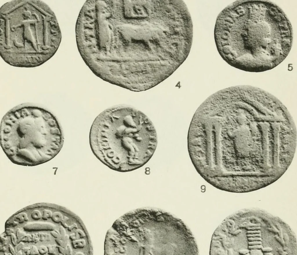 An illustration from Catalogue of the Greek coins of Arabia, Mesopotamia and Persia (Nabataea, Arabia Provincia, S. Arabia, Mesopotamia, Babylonia, Assyria, Persia, Alexandrine empire of the East, Persis, Elymais, Characene / by George Francis Hill ... With a map and fifty-five plates, 1922, leaf 594