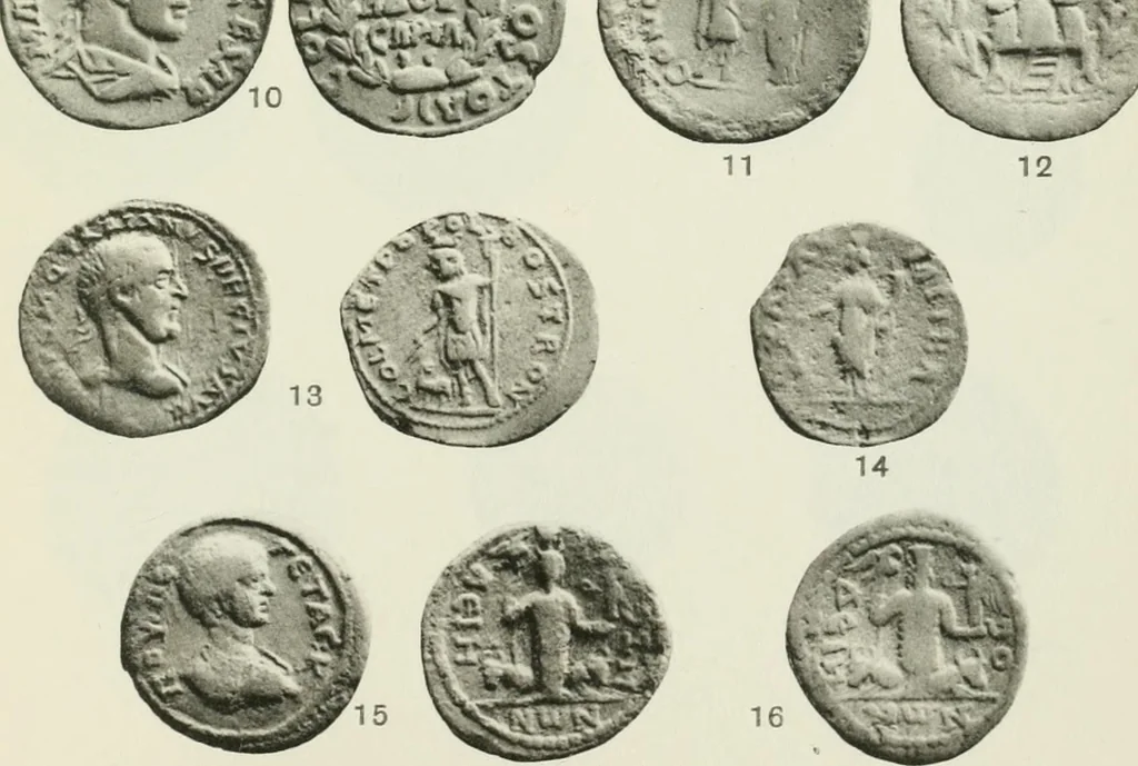 An illustration from Catalogue of the Greek coins of Arabia, Mesopotamia and Persia (Nabataea, Arabia Provincia, S. Arabia, Mesopotamia, Babylonia, Assyria, Persia, Alexandrine empire of the East, Persis, Elymais, Characene / by George Francis Hill ... With a map and fifty-five plates, 1922, leaf 594