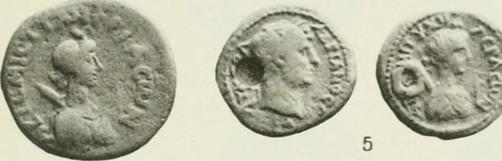 An illustration from Catalogue of the Greek coins of Arabia, Mesopotamia and Persia (Nabataea, Arabia Provincia, S. Arabia, Mesopotamia, Babylonia, Assyria, Persia, Alexandrine empire of the East, Persis, Elymais, Characene / by George Francis Hill ... With a map and fifty-five plates, 1922, leaf 596