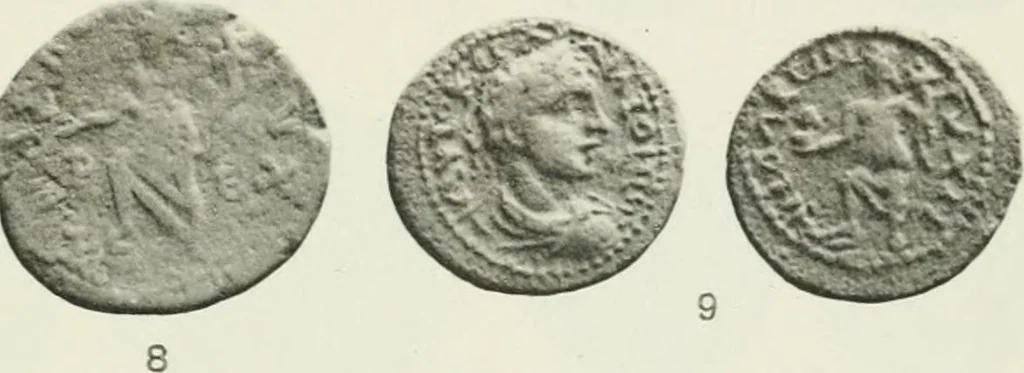 An illustration from Catalogue of the Greek coins of Arabia, Mesopotamia and Persia (Nabataea, Arabia Provincia, S. Arabia, Mesopotamia, Babylonia, Assyria, Persia, Alexandrine empire of the East, Persis, Elymais, Characene / by George Francis Hill ... With a map and fifty-five plates, 1922, leaf 596