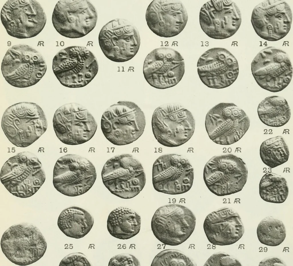 An illustration from Catalogue of the Greek coins of Arabia, Mesopotamia and Persia (Nabataea, Arabia Provincia, S. Arabia, Mesopotamia, Babylonia, Assyria, Persia, Alexandrine empire of the East, Persis, Elymais, Characene / by George Francis Hill ... With a map and fifty-five plates, 1922, leaf 600