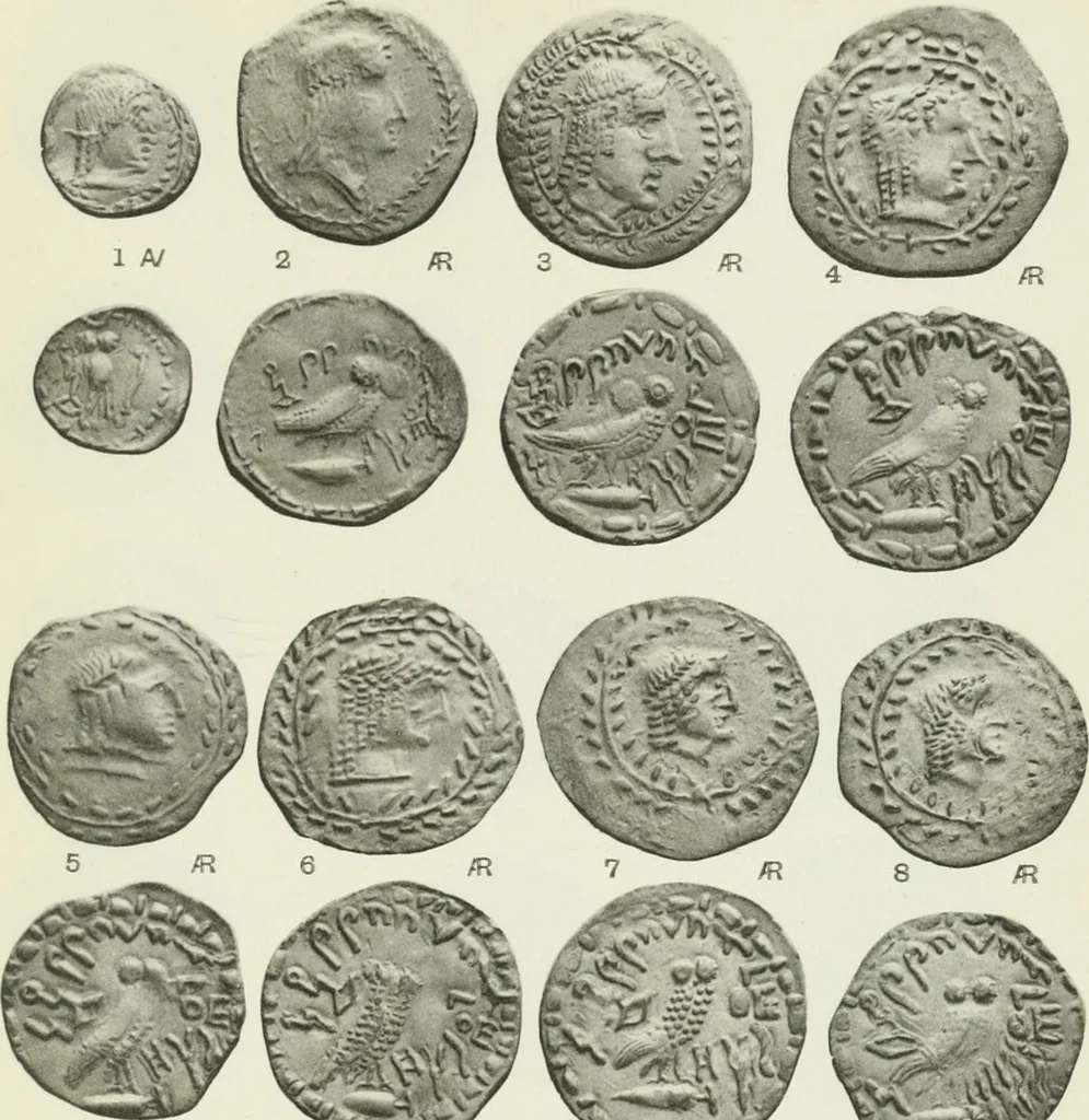 An illustration from Catalogue of the Greek coins of Arabia, Mesopotamia and Persia (Nabataea, Arabia Provincia, S. Arabia, Mesopotamia, Babylonia, Assyria, Persia, Alexandrine empire of the East, Persis, Elymais, Characene / by George Francis Hill ... With a map and fifty-five plates, 1922, leaf 602