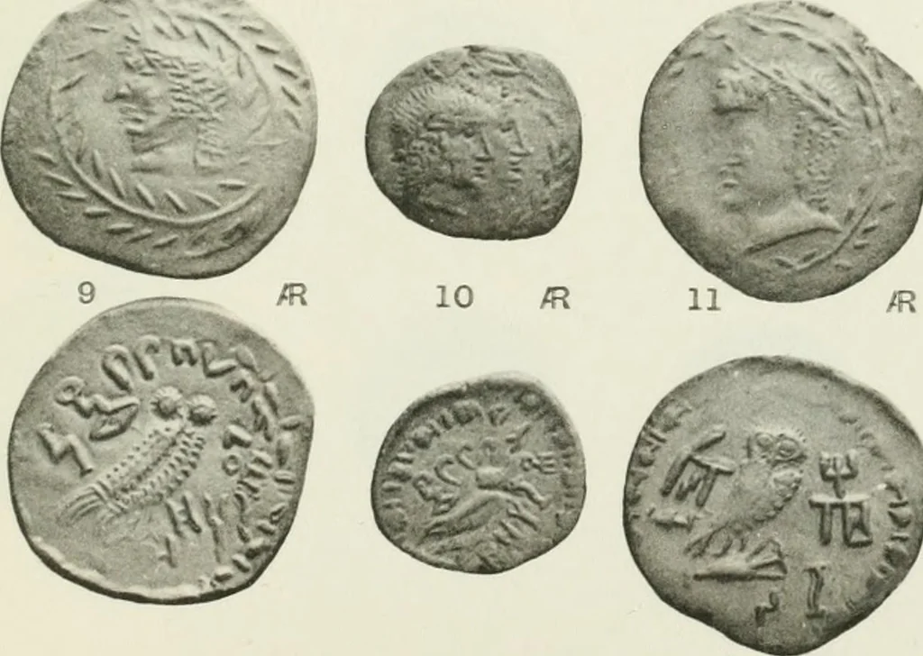 An illustration from Catalogue of the Greek coins of Arabia, Mesopotamia and Persia (Nabataea, Arabia Provincia, S. Arabia, Mesopotamia, Babylonia, Assyria, Persia, Alexandrine empire of the East, Persis, Elymais, Characene / by George Francis Hill ... With a map and fifty-five plates, 1922, leaf 602