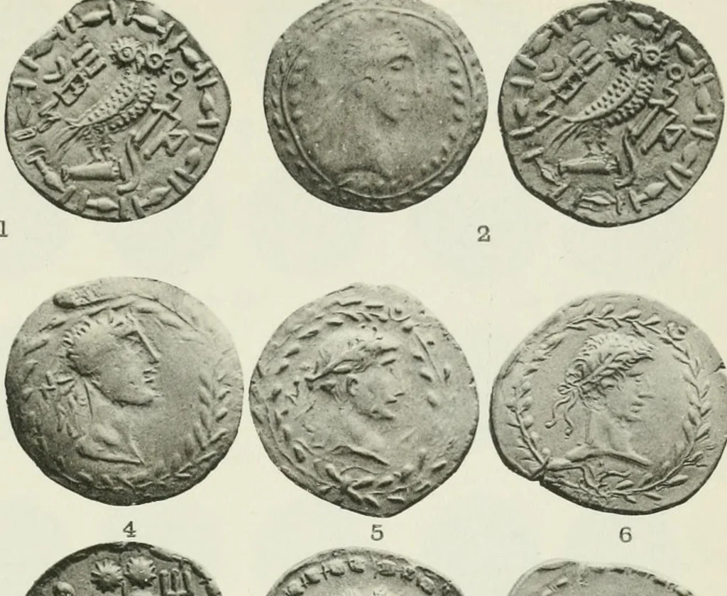 An illustration from Catalogue of the Greek coins of Arabia, Mesopotamia and Persia (Nabataea, Arabia Provincia, S. Arabia, Mesopotamia, Babylonia, Assyria, Persia, Alexandrine empire of the East, Persis, Elymais, Characene / by George Francis Hill ... With a map and fifty-five plates, 1922, leaf 606