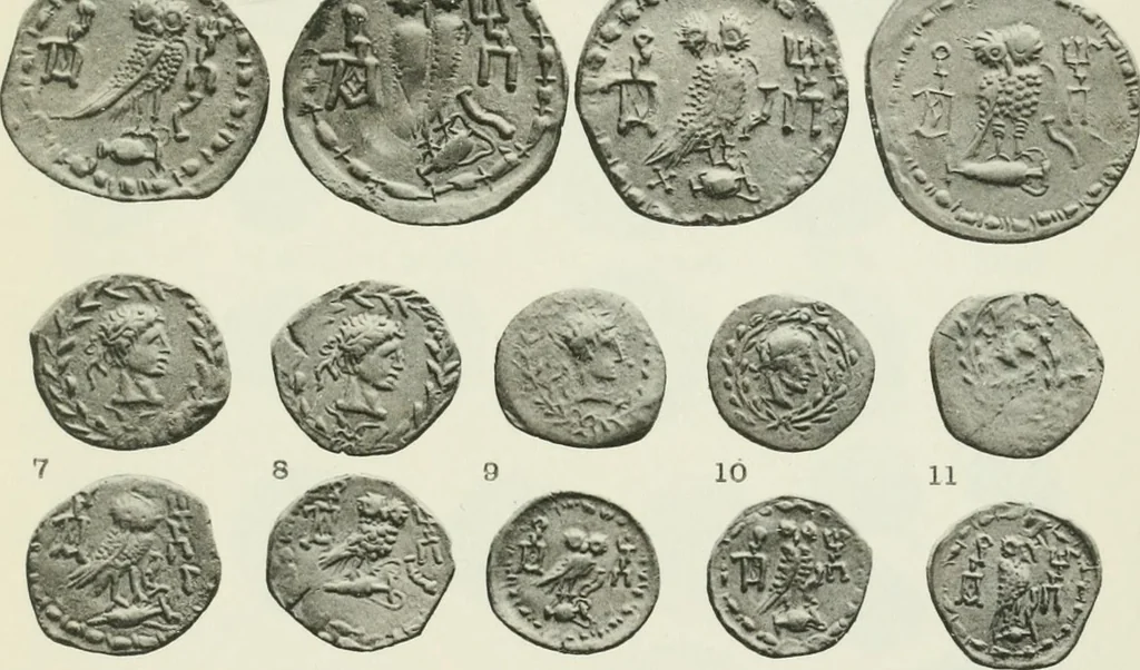 An illustration from Catalogue of the Greek coins of Arabia, Mesopotamia and Persia (Nabataea, Arabia Provincia, S. Arabia, Mesopotamia, Babylonia, Assyria, Persia, Alexandrine empire of the East, Persis, Elymais, Characene / by George Francis Hill ... With a map and fifty-five plates, 1922, leaf 606