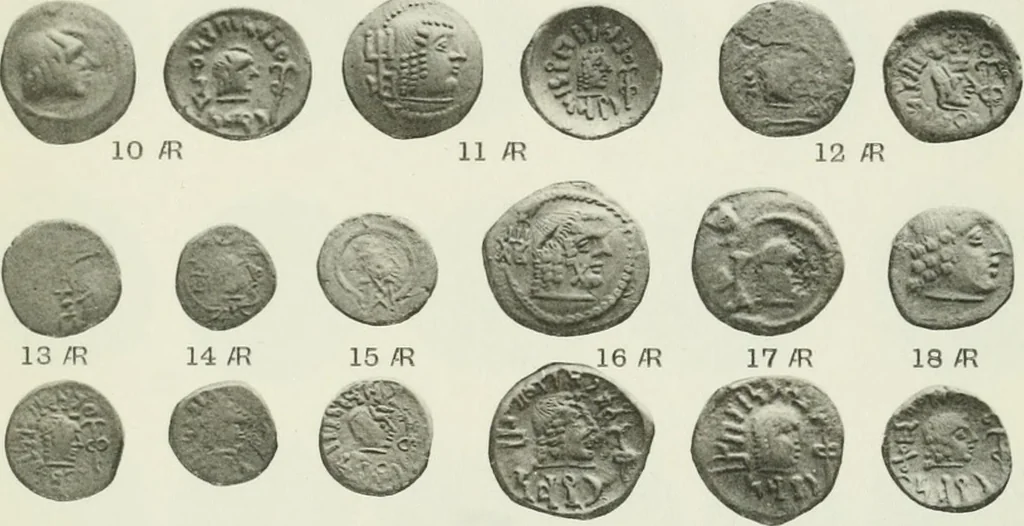 An illustration from Catalogue of the Greek coins of Arabia, Mesopotamia and Persia (Nabataea, Arabia Provincia, S. Arabia, Mesopotamia, Babylonia, Assyria, Persia, Alexandrine empire of the East, Persis, Elymais, Characene / by George Francis Hill ... With a map and fifty-five plates, 1922, leaf 608