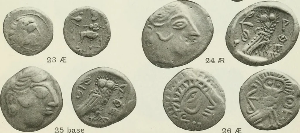 An illustration from Catalogue of the Greek coins of Arabia, Mesopotamia and Persia (Nabataea, Arabia Provincia, S. Arabia, Mesopotamia, Babylonia, Assyria, Persia, Alexandrine empire of the East, Persis, Elymais, Characene / by George Francis Hill ... With a map and fifty-five plates, 1922, leaf 608