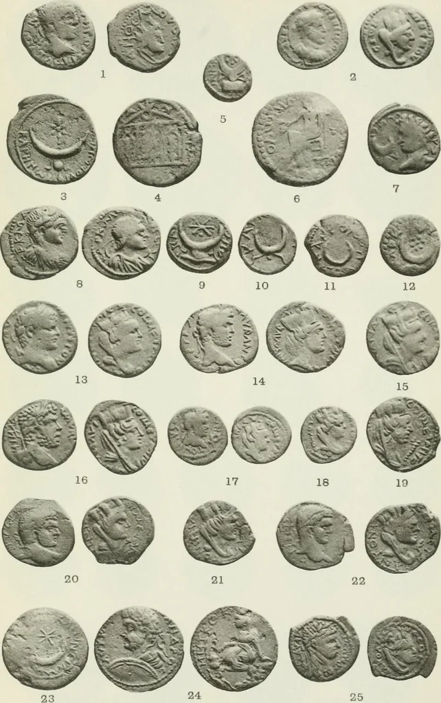 An illustration from Catalogue of the Greek coins of Arabia, Mesopotamia and Persia (Nabataea, Arabia Provincia, S. Arabia, Mesopotamia, Babylonia, Assyria, Persia, Alexandrine empire of the East, Persis, Elymais, Characene / by George Francis Hill ... With a map and fifty-five plates, 1922, leaf 610