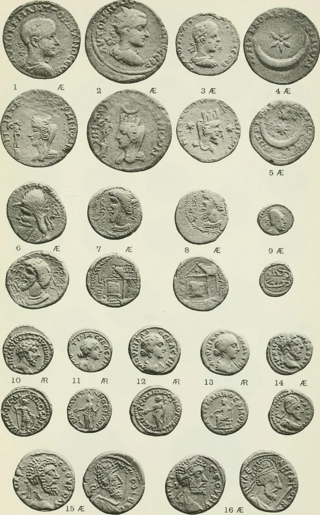 An illustration from Catalogue of the Greek coins of Arabia, Mesopotamia and Persia (Nabataea, Arabia Provincia, S. Arabia, Mesopotamia, Babylonia, Assyria, Persia, Alexandrine empire of the East, Persis, Elymais, Characene / by George Francis Hill ... With a map and fifty-five plates, 1922, leaf 612