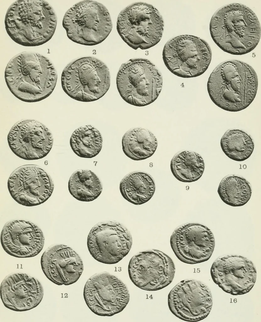 An illustration from Catalogue of the Greek coins of Arabia, Mesopotamia and Persia (Nabataea, Arabia Provincia, S. Arabia, Mesopotamia, Babylonia, Assyria, Persia, Alexandrine empire of the East, Persis, Elymais, Characene / by George Francis Hill ... With a map and fifty-five plates, 1922, leaf 614