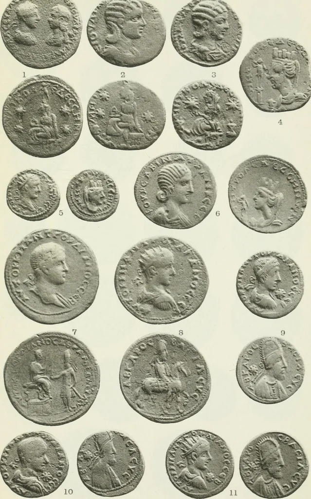 An illustration from Catalogue of the Greek coins of Arabia, Mesopotamia and Persia (Nabataea, Arabia Provincia, S. Arabia, Mesopotamia, Babylonia, Assyria, Persia, Alexandrine empire of the East, Persis, Elymais, Characene / by George Francis Hill ... With a map and fifty-five plates, 1922, leaf 618