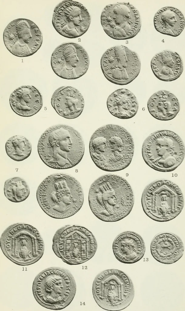 An illustration from Catalogue of the Greek coins of Arabia, Mesopotamia and Persia (Nabataea, Arabia Provincia, S. Arabia, Mesopotamia, Babylonia, Assyria, Persia, Alexandrine empire of the East, Persis, Elymais, Characene / by George Francis Hill ... With a map and fifty-five plates, 1922, leaf 620