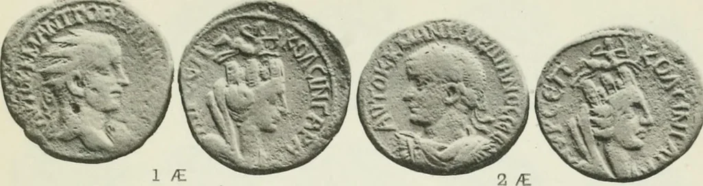 An illustration from Catalogue of the Greek coins of Arabia, Mesopotamia and Persia (Nabataea, Arabia Provincia, S. Arabia, Mesopotamia, Babylonia, Assyria, Persia, Alexandrine empire of the East, Persis, Elymais, Characene / by George Francis Hill ... With a map and fifty-five plates, 1922, leaf 624