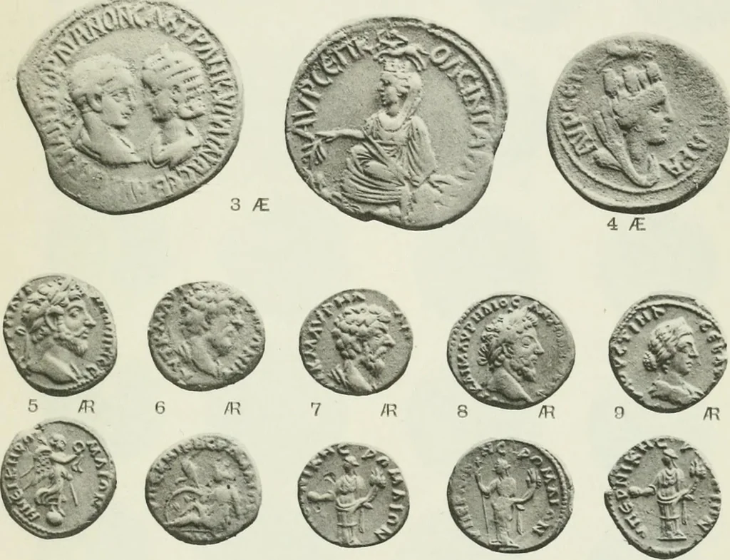 An illustration from Catalogue of the Greek coins of Arabia, Mesopotamia and Persia (Nabataea, Arabia Provincia, S. Arabia, Mesopotamia, Babylonia, Assyria, Persia, Alexandrine empire of the East, Persis, Elymais, Characene / by George Francis Hill ... With a map and fifty-five plates, 1922, leaf 624