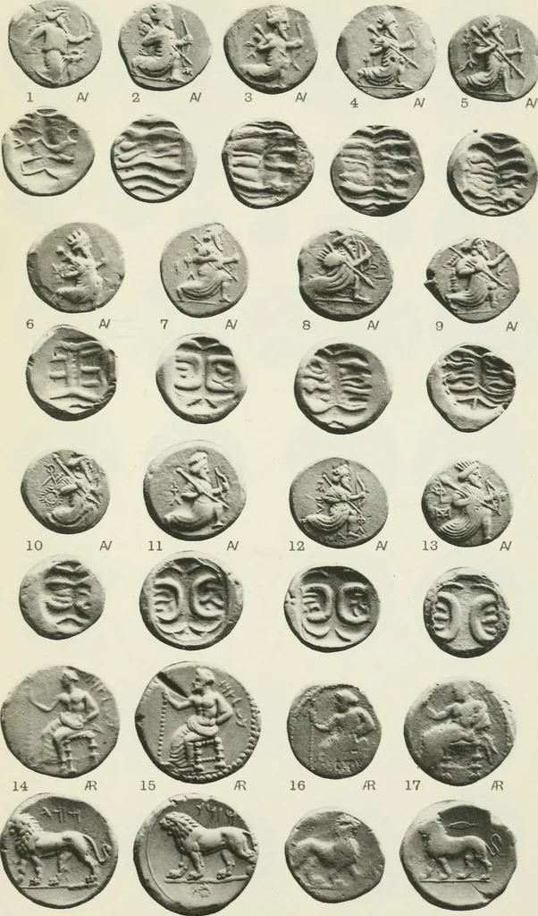 An illustration from Catalogue of the Greek coins of Arabia, Mesopotamia and Persia (Nabataea, Arabia Provincia, S. Arabia, Mesopotamia, Babylonia, Assyria, Persia, Alexandrine empire of the East, Persis, Elymais, Characene / by George Francis Hill ... With a map and fifty-five plates, 1922, leaf 626