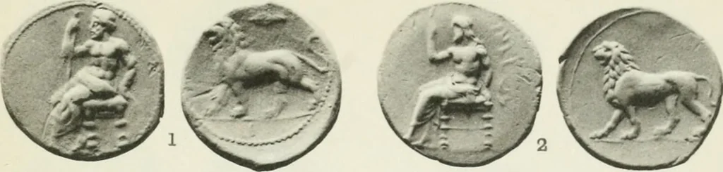An illustration from Catalogue of the Greek coins of Arabia, Mesopotamia and Persia (Nabataea, Arabia Provincia, S. Arabia, Mesopotamia, Babylonia, Assyria, Persia, Alexandrine empire of the East, Persis, Elymais, Characene / by George Francis Hill ... With a map and fifty-five plates, 1922, leaf 628