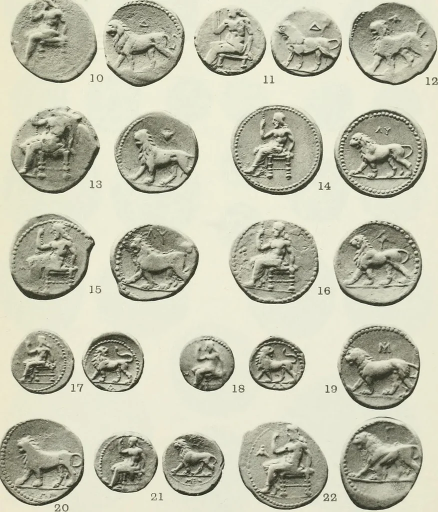 An illustration from Catalogue of the Greek coins of Arabia, Mesopotamia and Persia (Nabataea, Arabia Provincia, S. Arabia, Mesopotamia, Babylonia, Assyria, Persia, Alexandrine empire of the East, Persis, Elymais, Characene / by George Francis Hill ... With a map and fifty-five plates, 1922, leaf 628