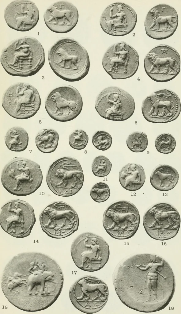 An illustration from Catalogue of the Greek coins of Arabia, Mesopotamia and Persia (Nabataea, Arabia Provincia, S. Arabia, Mesopotamia, Babylonia, Assyria, Persia, Alexandrine empire of the East, Persis, Elymais, Characene / by George Francis Hill ... With a map and fifty-five plates, 1922, leaf 630