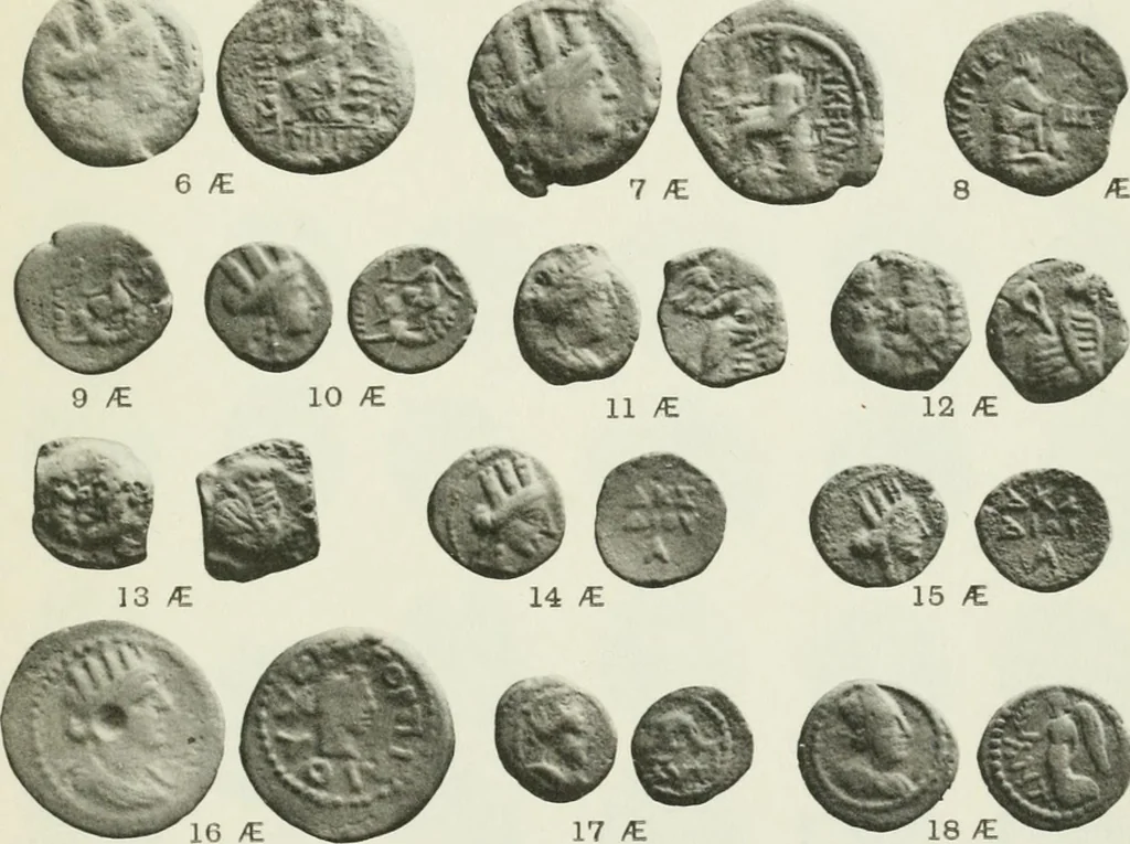 An illustration from Catalogue of the Greek coins of Arabia, Mesopotamia and Persia (Nabataea, Arabia Provincia, S. Arabia, Mesopotamia, Babylonia, Assyria, Persia, Alexandrine empire of the East, Persis, Elymais, Characene / by George Francis Hill ... With a map and fifty-five plates, 1922, leaf 632