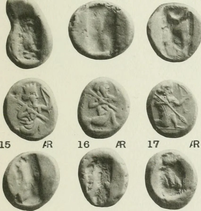 An illustration from Catalogue of the Greek coins of Arabia, Mesopotamia and Persia (Nabataea, Arabia Provincia, S. Arabia, Mesopotamia, Babylonia, Assyria, Persia, Alexandrine empire of the East, Persis, Elymais, Characene / by George Francis Hill ... With a map and fifty-five plates, 1922, leaf 636