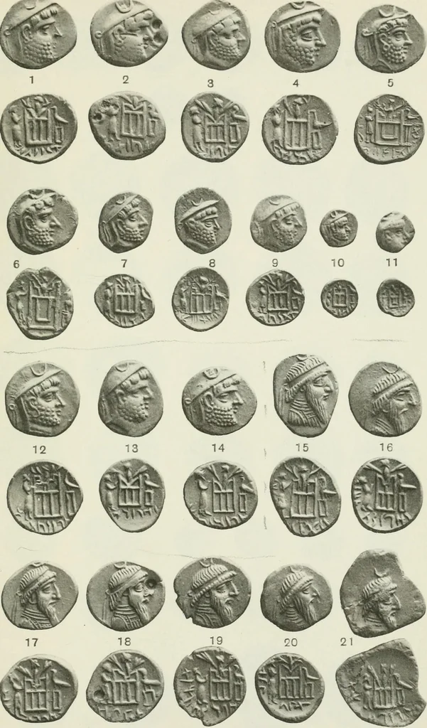 An illustration from Catalogue of the Greek coins of Arabia, Mesopotamia and Persia (Nabataea, Arabia Provincia, S. Arabia, Mesopotamia, Babylonia, Assyria, Persia, Alexandrine empire of the East, Persis, Elymais, Characene / by George Francis Hill ... With a map and fifty-five plates, 1922, leaf 648