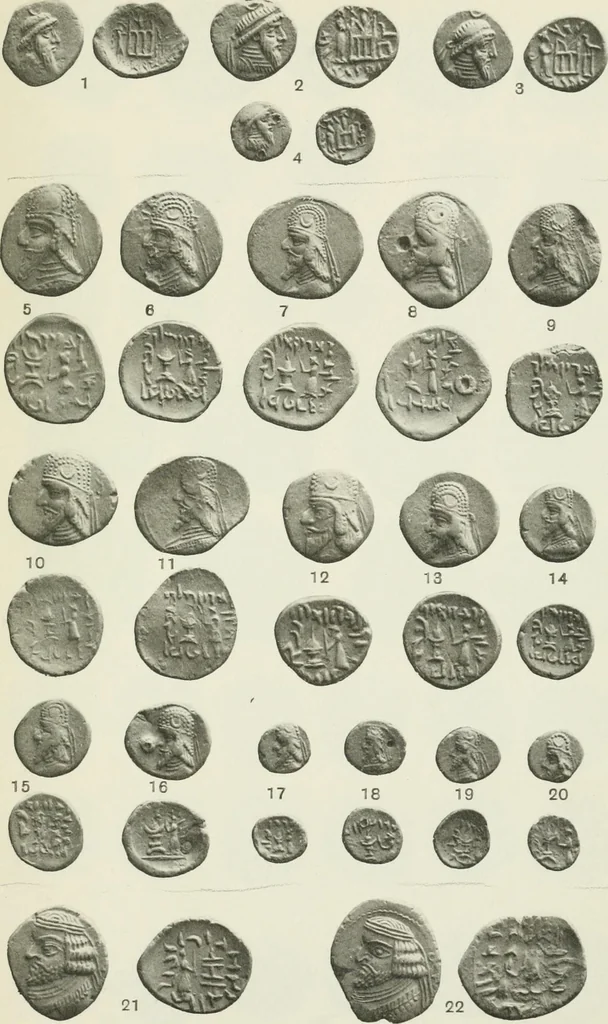 An illustration from Catalogue of the Greek coins of Arabia, Mesopotamia and Persia (Nabataea, Arabia Provincia, S. Arabia, Mesopotamia, Babylonia, Assyria, Persia, Alexandrine empire of the East, Persis, Elymais, Characene / by George Francis Hill ... With a map and fifty-five plates, 1922, leaf 650