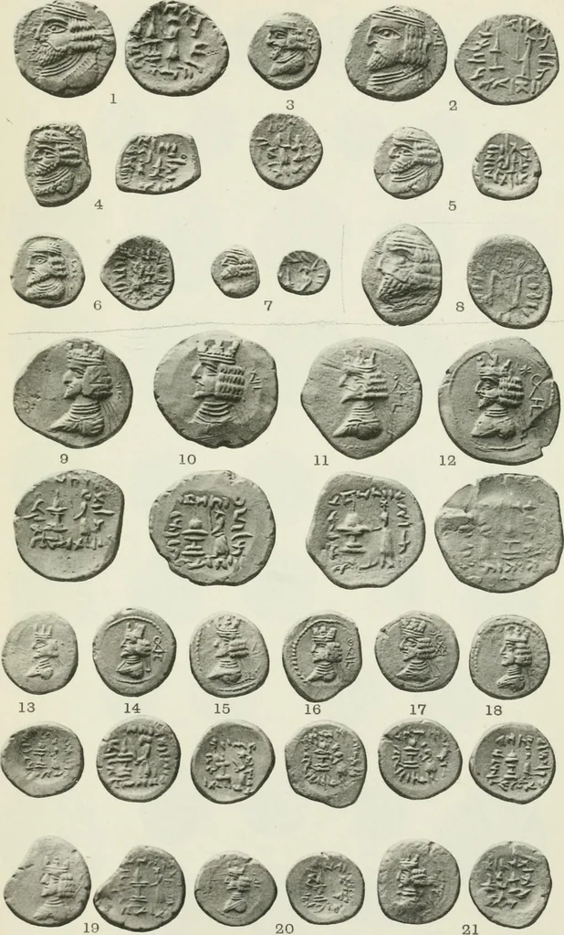 An illustration from Catalogue of the Greek coins of Arabia, Mesopotamia and Persia (Nabataea, Arabia Provincia, S. Arabia, Mesopotamia, Babylonia, Assyria, Persia, Alexandrine empire of the East, Persis, Elymais, Characene / by George Francis Hill ... With a map and fifty-five plates, 1922, leaf 652
