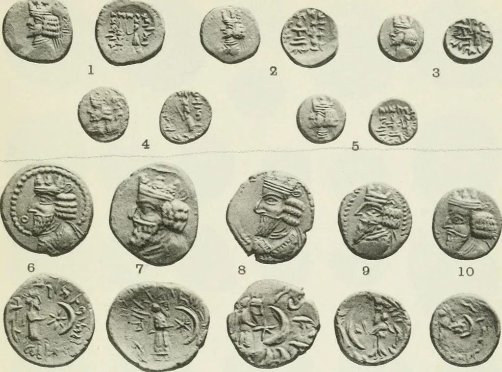 An illustration from Catalogue of the Greek coins of Arabia, Mesopotamia and Persia (Nabataea, Arabia Provincia, S. Arabia, Mesopotamia, Babylonia, Assyria, Persia, Alexandrine empire of the East, Persis, Elymais, Characene / by George Francis Hill ... With a map and fifty-five plates, 1922, leaf 654