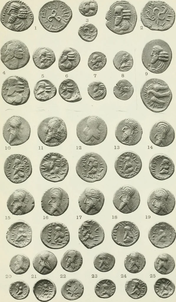 An illustration from Catalogue of the Greek coins of Arabia, Mesopotamia and Persia (Nabataea, Arabia Provincia, S. Arabia, Mesopotamia, Babylonia, Assyria, Persia, Alexandrine empire of the East, Persis, Elymais, Characene / by George Francis Hill ... With a map and fifty-five plates, 1922, leaf 656