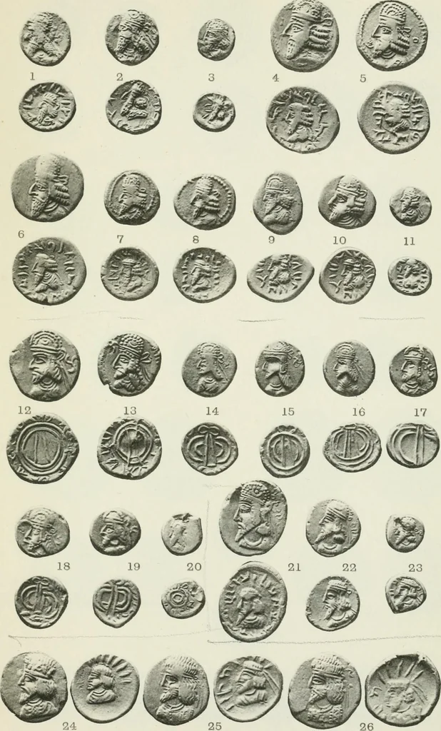 An illustration from Catalogue of the Greek coins of Arabia, Mesopotamia and Persia (Nabataea, Arabia Provincia, S. Arabia, Mesopotamia, Babylonia, Assyria, Persia, Alexandrine empire of the East, Persis, Elymais, Characene / by George Francis Hill ... With a map and fifty-five plates, 1922, leaf 658
