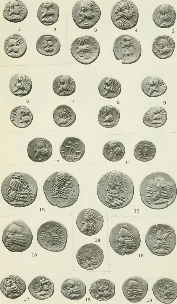 An illustration from Catalogue of the Greek coins of Arabia, Mesopotamia and Persia (Nabataea, Arabia Provincia, S. Arabia, Mesopotamia, Babylonia, Assyria, Persia, Alexandrine empire of the East, Persis, Elymais, Characene / by George Francis Hill ... With a map and fifty-five plates, 1922, leaf 660