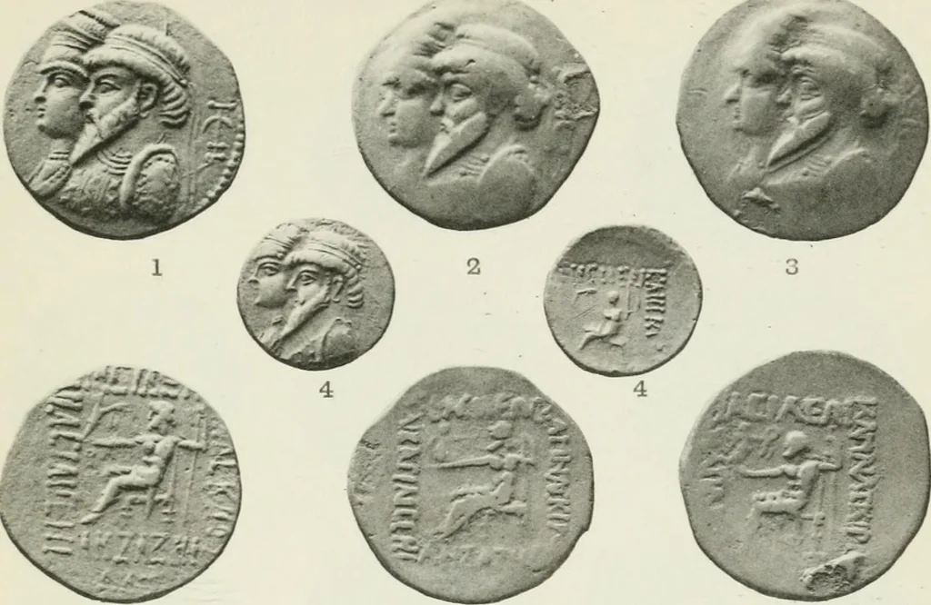 An illustration from Catalogue of the Greek coins of Arabia, Mesopotamia and Persia (Nabataea, Arabia Provincia, S. Arabia, Mesopotamia, Babylonia, Assyria, Persia, Alexandrine empire of the East, Persis, Elymais, Characene / by George Francis Hill ... With a map and fifty-five plates, 1922, leaf 662
