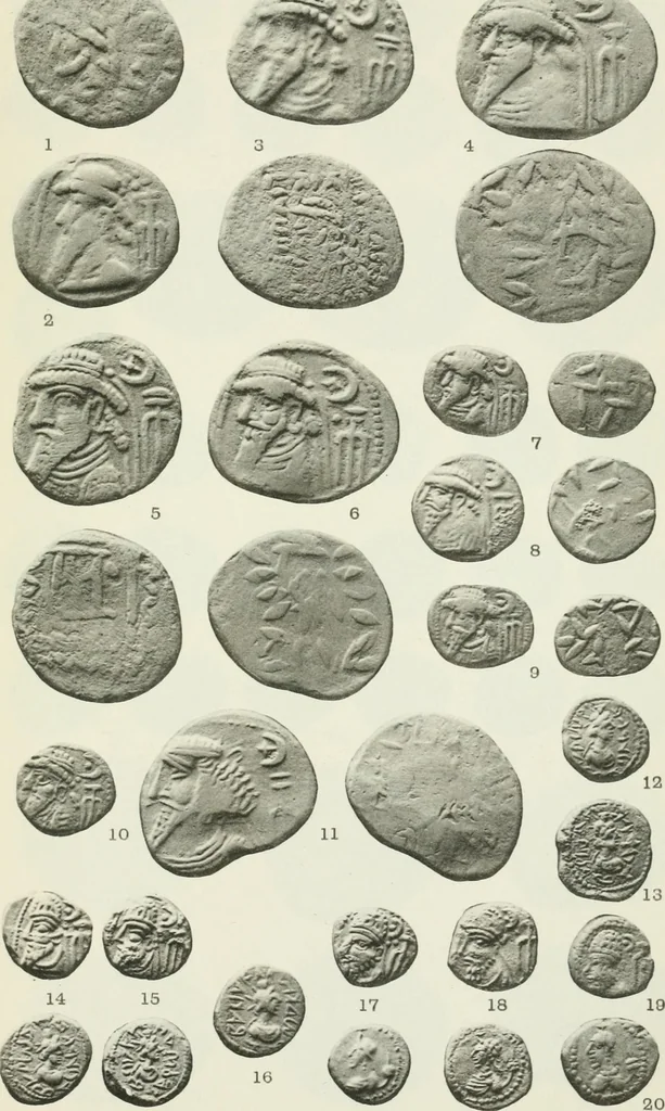 An illustration from Catalogue of the Greek coins of Arabia, Mesopotamia and Persia (Nabataea, Arabia Provincia, S. Arabia, Mesopotamia, Babylonia, Assyria, Persia, Alexandrine empire of the East, Persis, Elymais, Characene / by George Francis Hill ... With a map and fifty-five plates, 1922, leaf 664