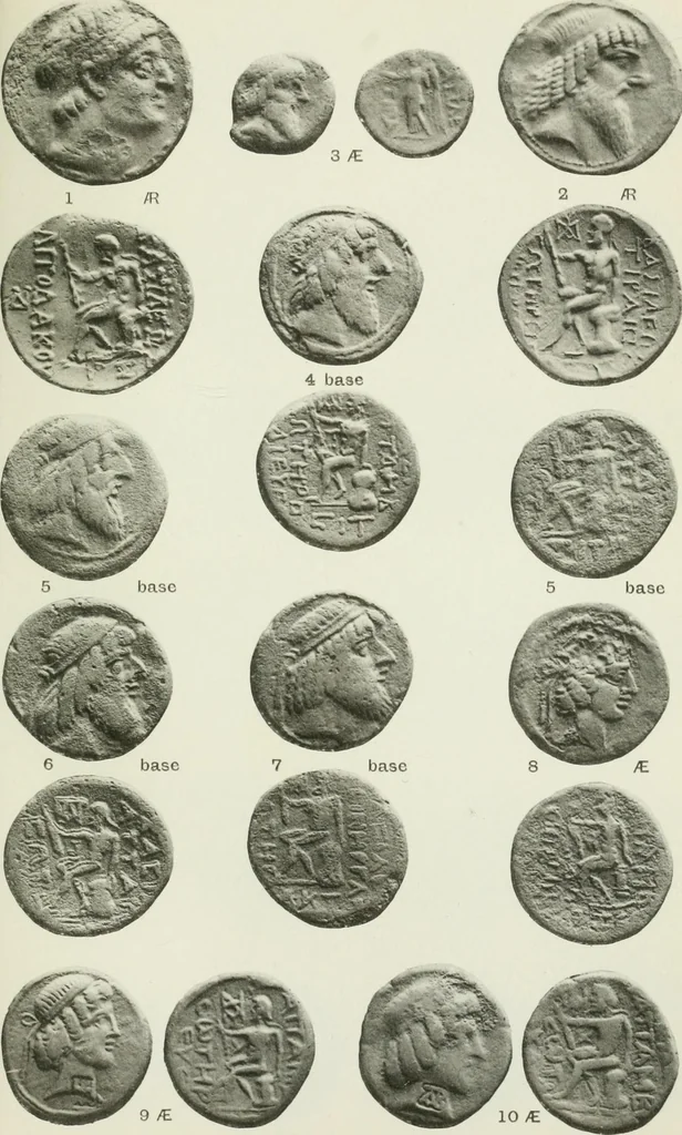 An illustration from Catalogue of the Greek coins of Arabia, Mesopotamia and Persia (Nabataea, Arabia Provincia, S. Arabia, Mesopotamia, Babylonia, Assyria, Persia, Alexandrine empire of the East, Persis, Elymais, Characene / by George Francis Hill ... With a map and fifty-five plates, 1922, leaf 672