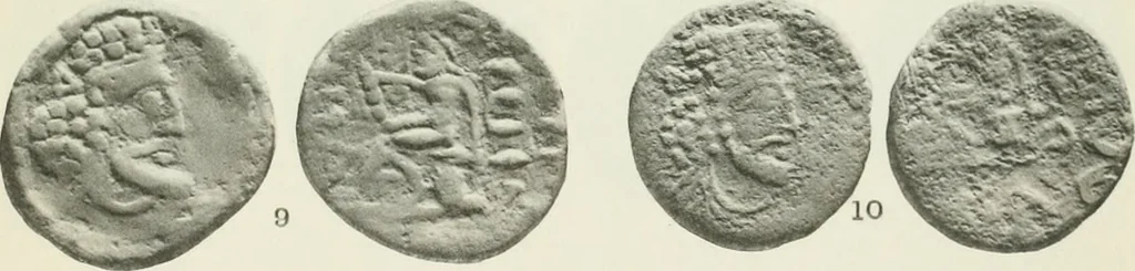 An illustration from Catalogue of the Greek coins of Arabia, Mesopotamia and Persia (Nabataea, Arabia Provincia, S. Arabia, Mesopotamia, Babylonia, Assyria, Persia, Alexandrine empire of the East, Persis, Elymais, Characene / by George Francis Hill ... With a map and fifty-five plates, 1922, leaf 674