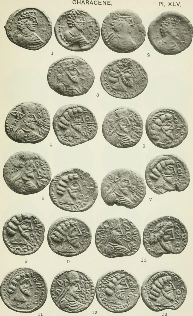 An illustration from Catalogue of the Greek coins of Arabia, Mesopotamia and Persia (Nabataea, Arabia Provincia, S. Arabia, Mesopotamia, Babylonia, Assyria, Persia, Alexandrine empire of the East, Persis, Elymais, Characene / by George Francis Hill ... With a map and fifty-five plates, 1922, leaf 676