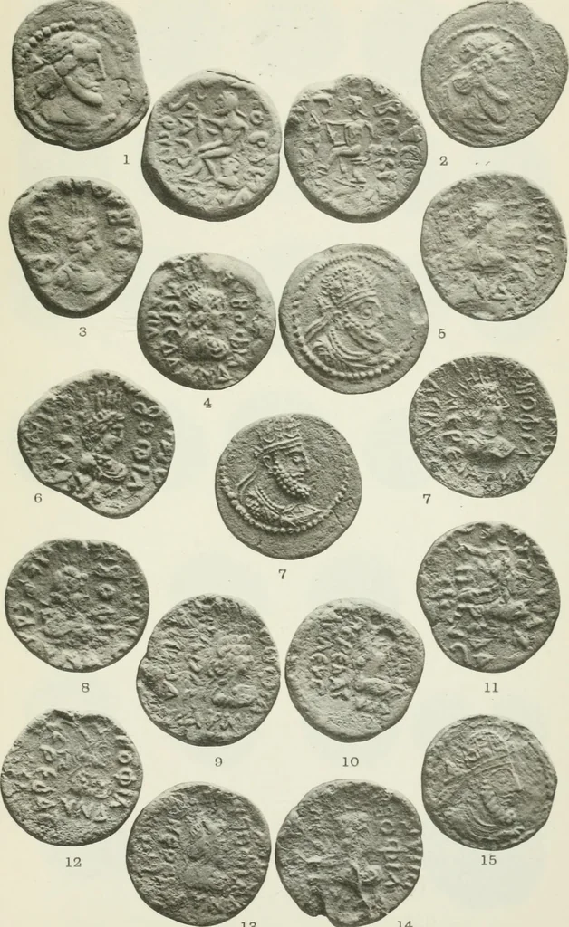 An illustration from Catalogue of the Greek coins of Arabia, Mesopotamia and Persia (Nabataea, Arabia Provincia, S. Arabia, Mesopotamia, Babylonia, Assyria, Persia, Alexandrine empire of the East, Persis, Elymais, Characene / by George Francis Hill ... With a map and fifty-five plates, 1922, leaf 680