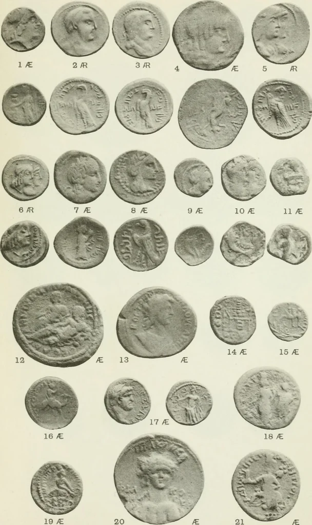An illustration from Catalogue of the Greek coins of Arabia, Mesopotamia and Persia (Nabataea, Arabia Provincia, S. Arabia, Mesopotamia, Babylonia, Assyria, Persia, Alexandrine empire of the East, Persis, Elymais, Characene / by George Francis Hill ... With a map and fifty-five plates, 1922, leaf 684