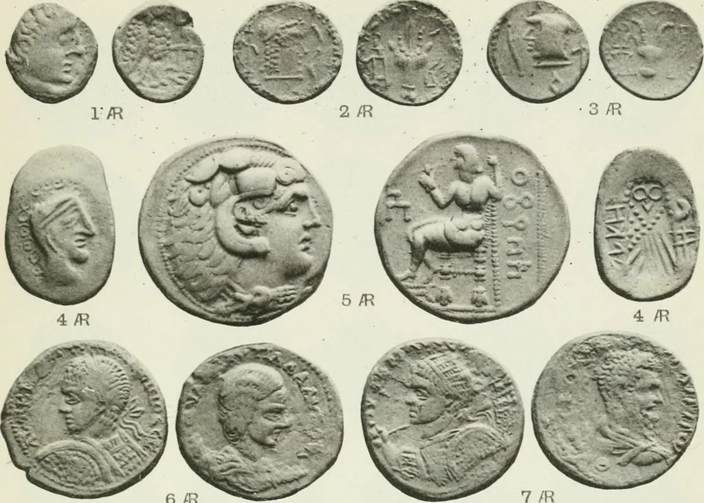 An illustration from Catalogue of the Greek coins of Arabia, Mesopotamia and Persia (Nabataea, Arabia Provincia, S. Arabia, Mesopotamia, Babylonia, Assyria, Persia, Alexandrine empire of the East, Persis, Elymais, Characene / by George Francis Hill ... With a map and fifty-five plates, 1922, leaf 686