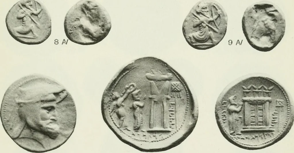 An illustration from Catalogue of the Greek coins of Arabia, Mesopotamia and Persia (Nabataea, Arabia Provincia, S. Arabia, Mesopotamia, Babylonia, Assyria, Persia, Alexandrine empire of the East, Persis, Elymais, Characene / by George Francis Hill ... With a map and fifty-five plates, 1922, leaf 690