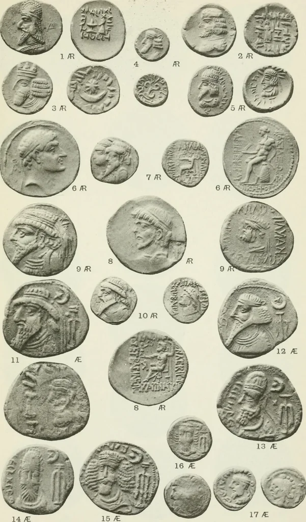 An illustration from Catalogue of the Greek coins of Arabia, Mesopotamia and Persia (Nabataea, Arabia Provincia, S. Arabia, Mesopotamia, Babylonia, Assyria, Persia, Alexandrine empire of the East, Persis, Elymais, Characene / by George Francis Hill ... With a map and fifty-five plates, 1922, leaf 692