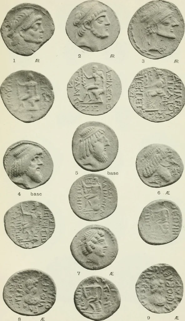 An illustration from Catalogue of the Greek coins of Arabia, Mesopotamia and Persia (Nabataea, Arabia Provincia, S. Arabia, Mesopotamia, Babylonia, Assyria, Persia, Alexandrine empire of the East, Persis, Elymais, Characene / by George Francis Hill ... With a map and fifty-five plates, 1922, leaf 694