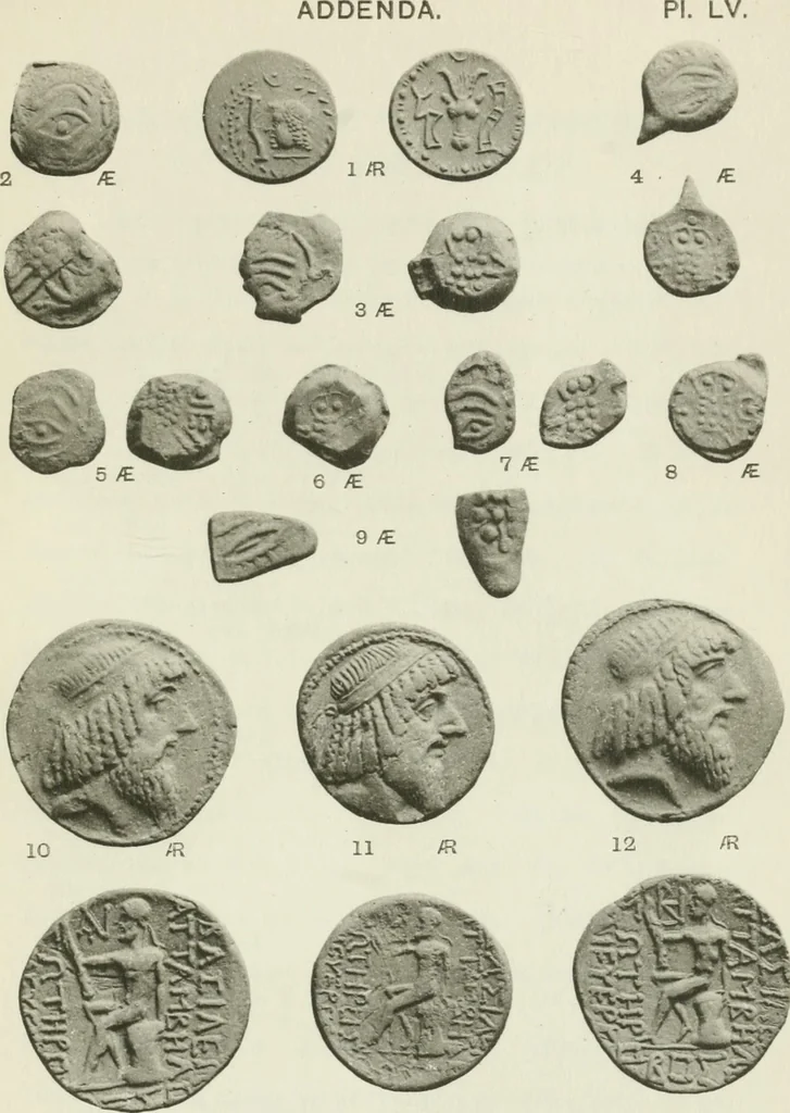 An illustration from Catalogue of the Greek coins of Arabia, Mesopotamia and Persia (Nabataea, Arabia Provincia, S. Arabia, Mesopotamia, Babylonia, Assyria, Persia, Alexandrine empire of the East, Persis, Elymais, Characene / by George Francis Hill ... With a map and fifty-five plates, 1922, leaf 696