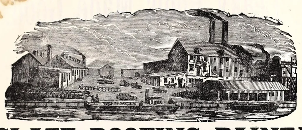 An illustration from [Catalogue] : Indiana Paint & Roofing Co., manufacturers of rubber roofing, sheathing papers, mixed paints and marbleized slate mantels ... Indianapolis, Ind., 1885, leaf 7