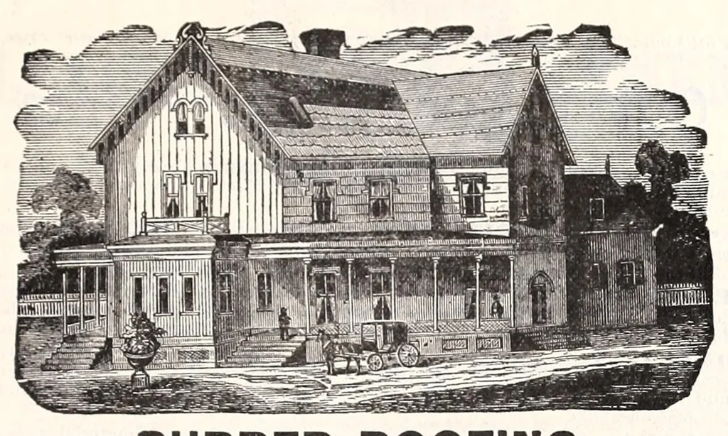 An illustration from [Catalogue] : Indiana Paint & Roofing Co., manufacturers of rubber roofing, sheathing papers, mixed paints and marbleized slate mantels ... Indianapolis, Ind., 1885, leaf 9